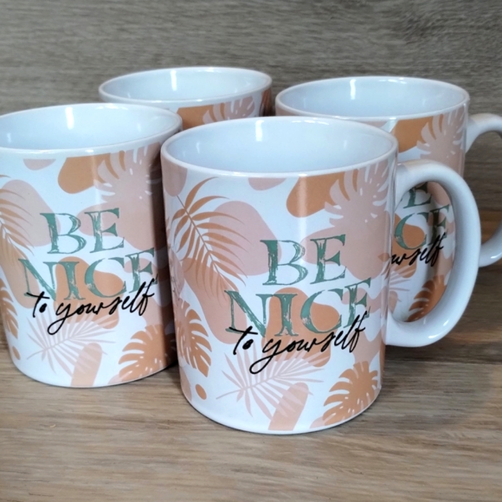 (4) Coffee Tea Mugs "BE NICE to yourself" White Ceramic w Tropical Floral Design